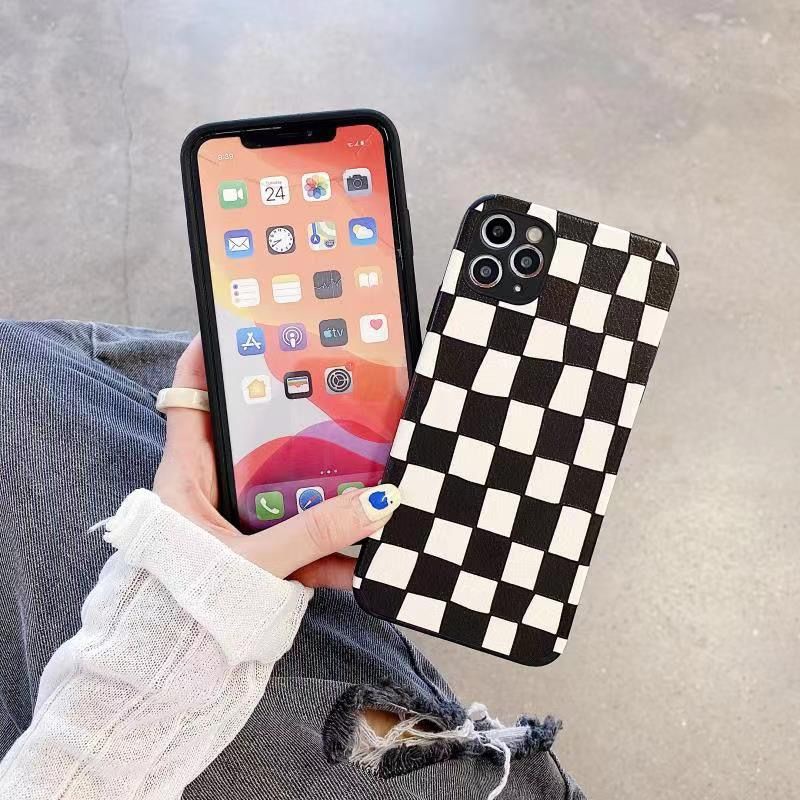 Ốp Điện Thoại Da Cừu Chống Sốc Họa Tiết Sọc Caro Trắng Đen Cho Iphone 11 13 14 pro max xr 12 xs 8plus 7p