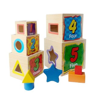 [Mã TOYDEC hoàn 20K xu đơn 50K] Tháp trí lực 5 tầng thả hình - lồng hộp - xếp chồng đồ chơi gỗ thông minh cho bé