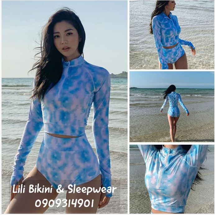 (Mẫu mới 2021) Bikini hoạt tiết loang xanh dương bầu trời hai mảnh, bộ bơi tay dài chống nắng kéo khóa xịn Hàn Quốc