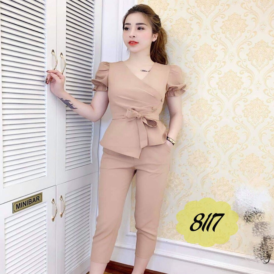 Set Bộ Nữ Công Sở Cột Nơ Tay Nhúng Quần Lửng Cực Kỳ Dễ Thương | BigBuy360 - bigbuy360.vn