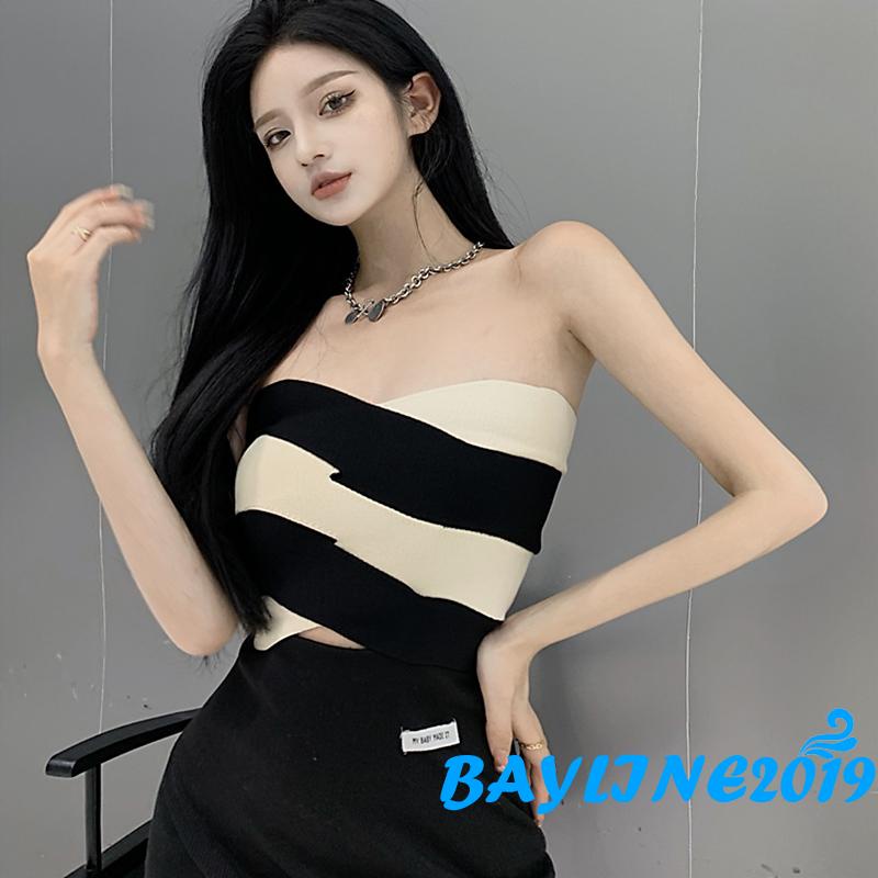Áo croptop dệt kim màu sắc tương phản thời trang cho nữ