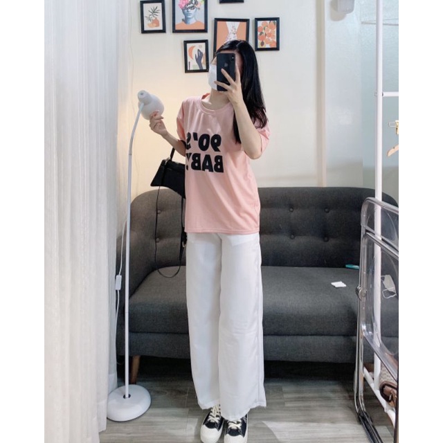 Set Áo Phông 90'S Baby Hồng + Quần Suông Trắng Kaki Ununisex, Bộ Áo Thun Hồng+Quần Suông Trắng Ununisex