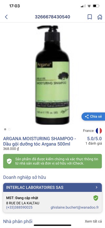 Argana Dầu Gội Dầu Xả Phục Hồi Argana Oil Moisturing 500ML