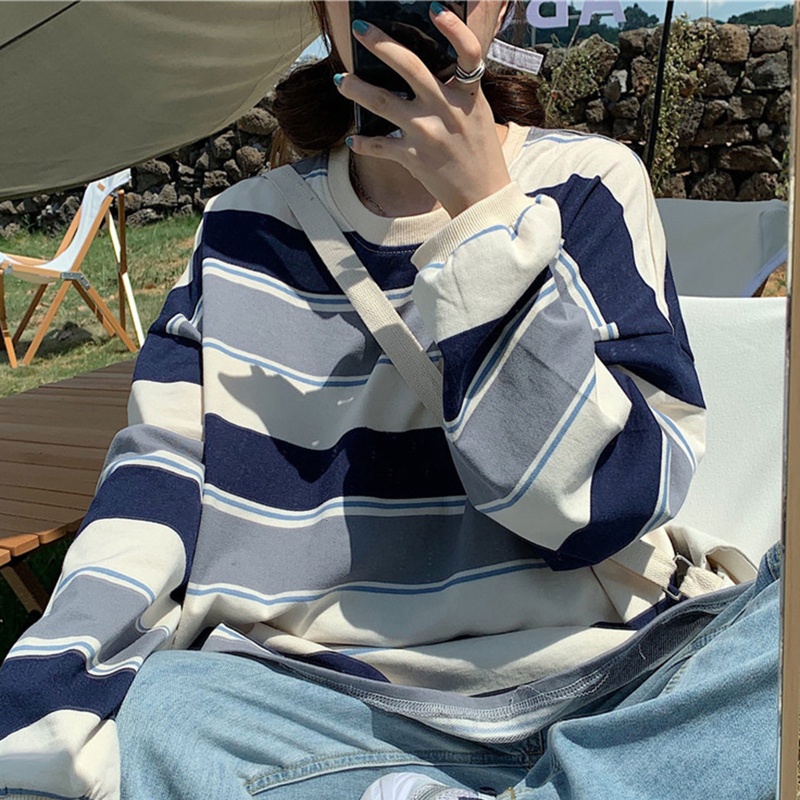 Áo Thun Tay Dài Cổ Tròn Họa Tiết Kẻ Sọc Thời Trang Phong Cách Hàn Quốc Cho Nữ