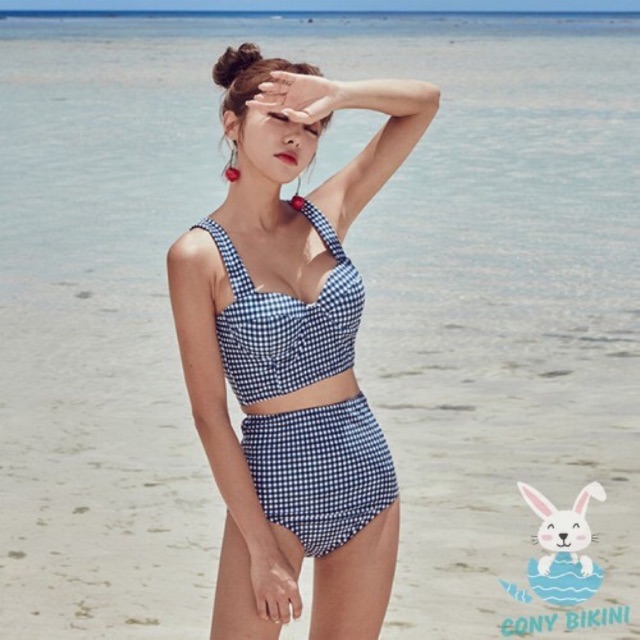 Bikini cạp cao caro xanh phong cách retro hàng chuẩn | BigBuy360 - bigbuy360.vn
