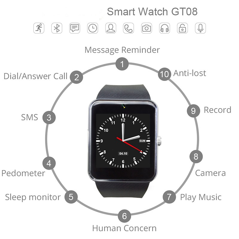 Smart watch GT08 Bluetooth Touch Screen Wrist Watch with Camera/SIM Card Fitness Tracker to Android