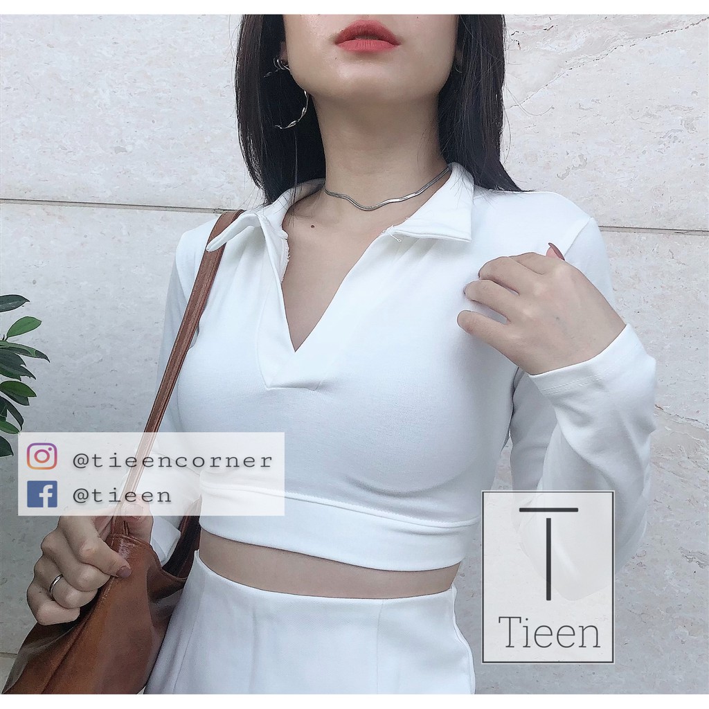 Croptop cổ polo tay dài khoét lưng