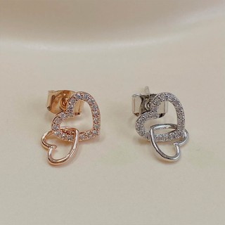 Khuyên tai chốt xỏ mạ bạc thiết kế mặt hình hai trái tim lồng vào nhau