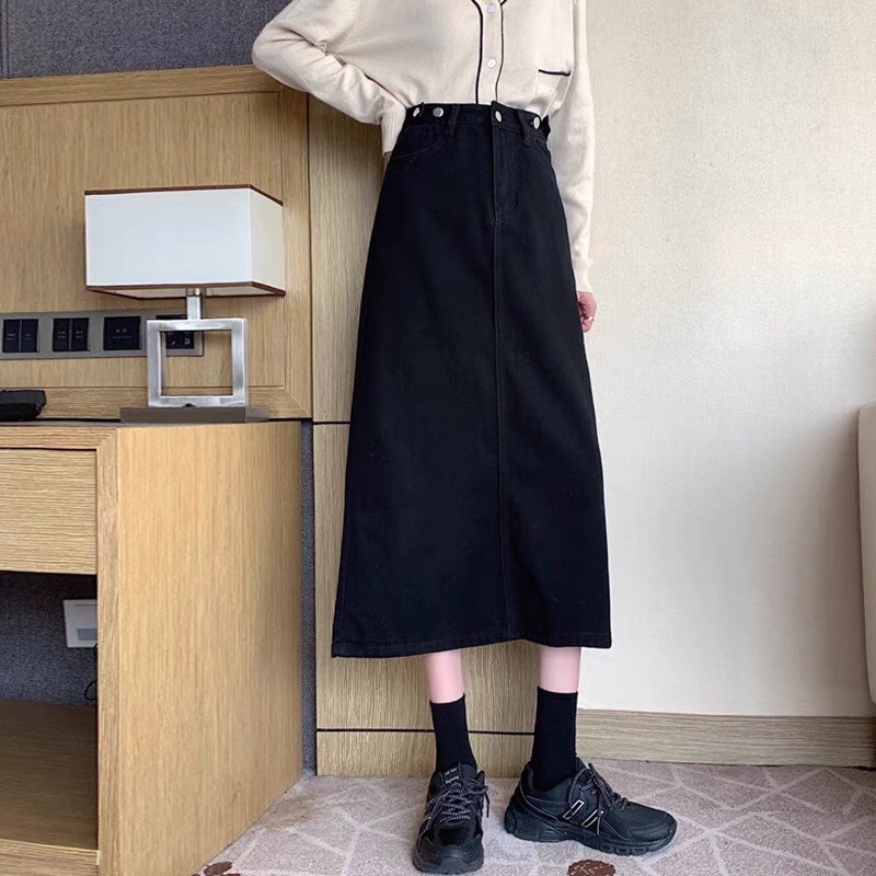 Chân váy jean kaki xòe xẻ gấu, chân váy bò nữ dài cạp cao chỉnh gấu phong cách A9