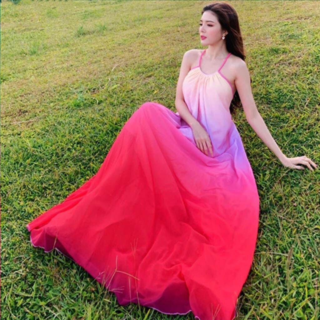 Đầm maxi đi biển loang màu cổ yếm hở vai có mút ngực thả dáng xinh đẹp phong cách thời trang XUKA-DRESS MT050