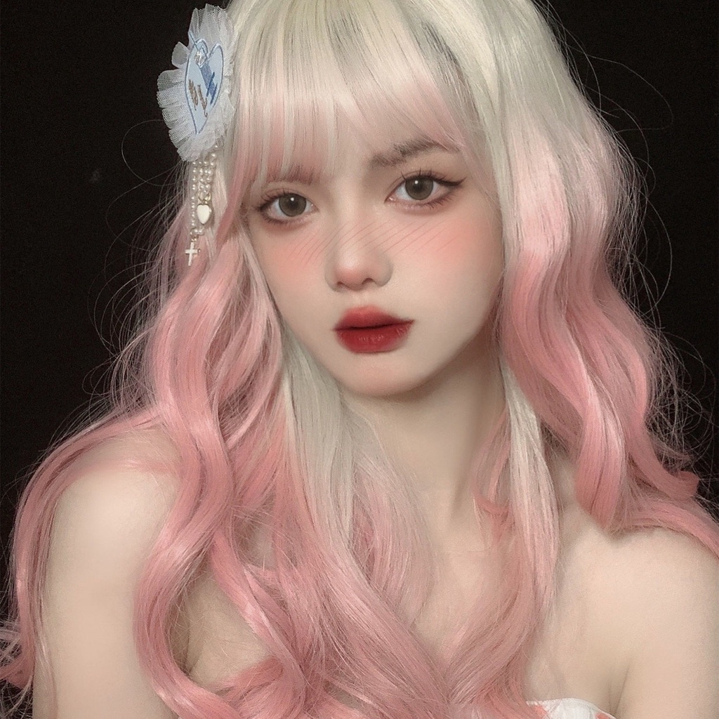 Bộ Tóc Giả Dài Xoăn Gợn Sóng Màu Hồng Bạch Kim Phong Cách lolita Dành Cho Nữ