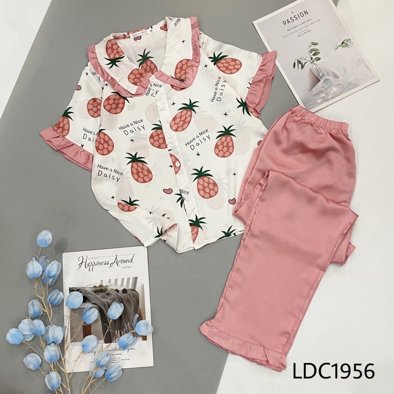 Set Đồ Bộ Hình Quả Dứa Siêu Cuteeee Tay Ngắn Quần Dài Chất Satin Thoáng Mát