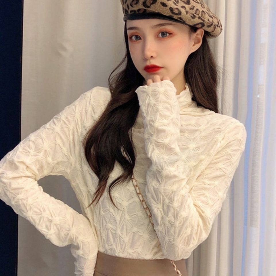 Áo Thun Tay Dài Cổ Cao Xếp Ly Dáng Ôm Thời Trang Hàn Quốc Cho Nữ