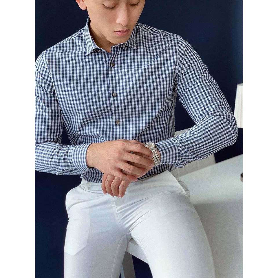 Áo sơ mi nam kẻ caro ZR tay dài ,chất liệu cotton cao cấp mặc mát, dáng slimfit màu xanh