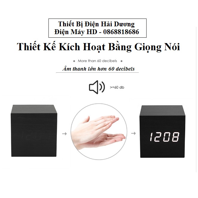 Đồng Hồ Gỗ Báo Thức Hình Vuông đa chức năng + Tặng kèm pin (ảnh thật)