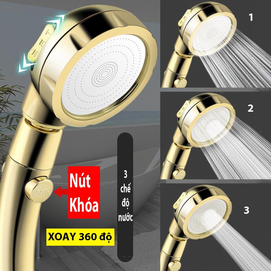 Vòi Sen Tăng áp Có Nút Khóa Nước 3 chế độ Phun, Xoay 360 độ Hàng Xịn - Vàng Gold SSA329