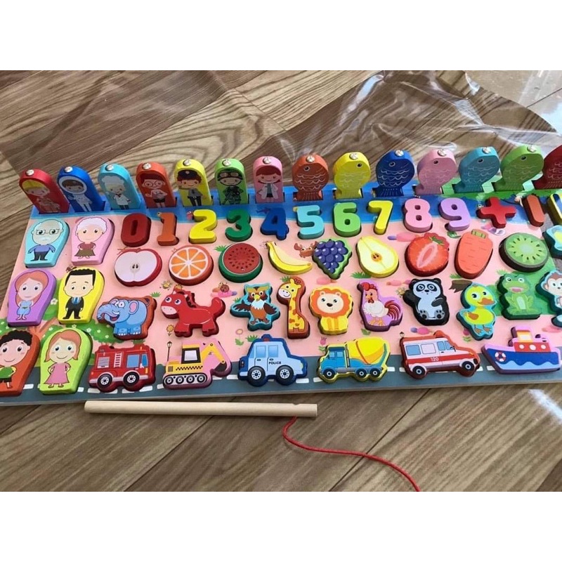 Bộ đồ chơi gỗ câu cá xếp hình ghép chữ số đếm 5in1 bộ đồ chơi cho bé đồ chơi trẻ em 63 chi tiết Binkids DC04