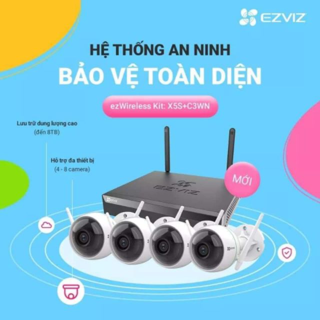 Trọn bộ KIT CAMERA WIFI EZVIZ [gồm: 1 đầu ghi hình 4 kênh và 4 camera C3WN 2.0MP](Hàng hãng)