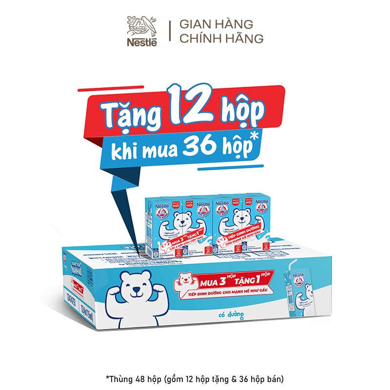 [TẶNG 12 HỘP Sô Cô La Thụy Sĩ khi mua 36 hộp] Thùng 48 hộp Sữa Nestlé Gấu Có đường (12 lốc x (3+1) hộp x 180ml)