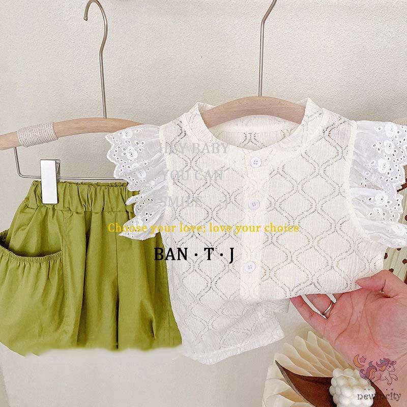 Set Áo Tay Cánh Tiên + Quần Short Thời Trang Hè Phong Cách Hàn Quốc Cho Bé Gái