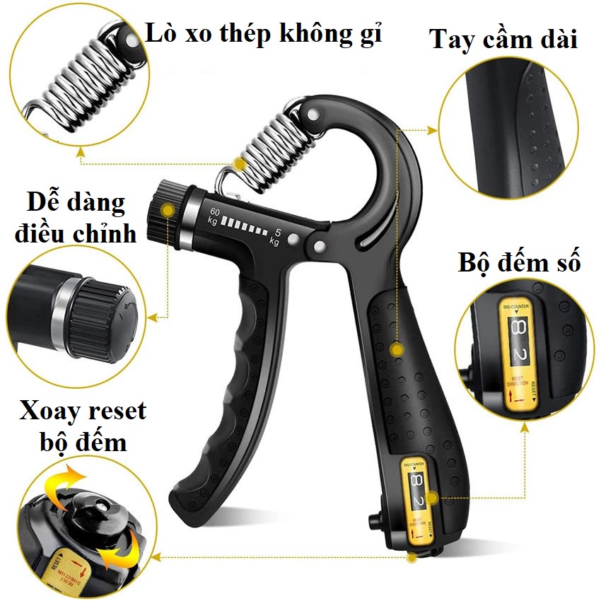 Kìm Bóp Tay, Kìm Tập Cơ Tay Tập Gym Tại Nhà Điều Chỉnh Lực 10-60kg Có Bộ Đếm