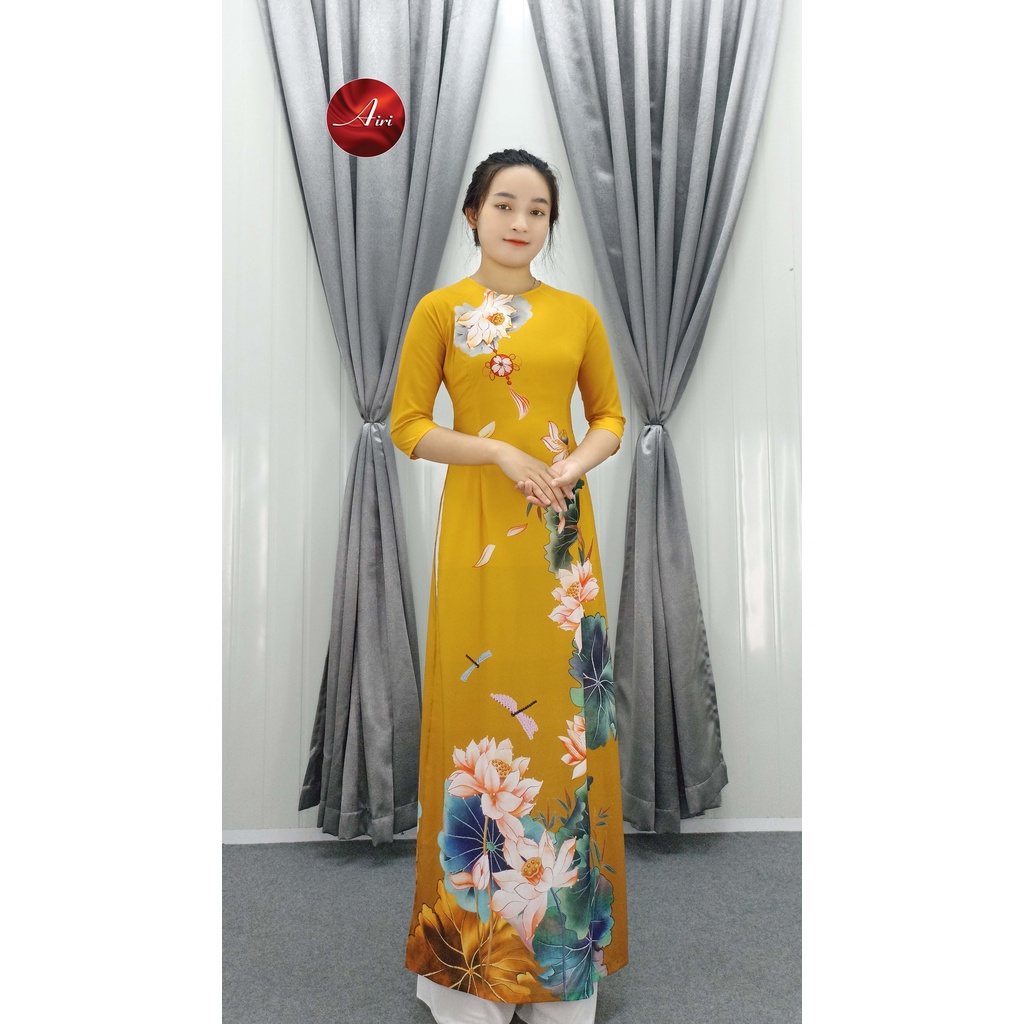 Áo dài nữ màu vàng họa tiết hoa sen mới nhất 2022 - Áo dài Airi