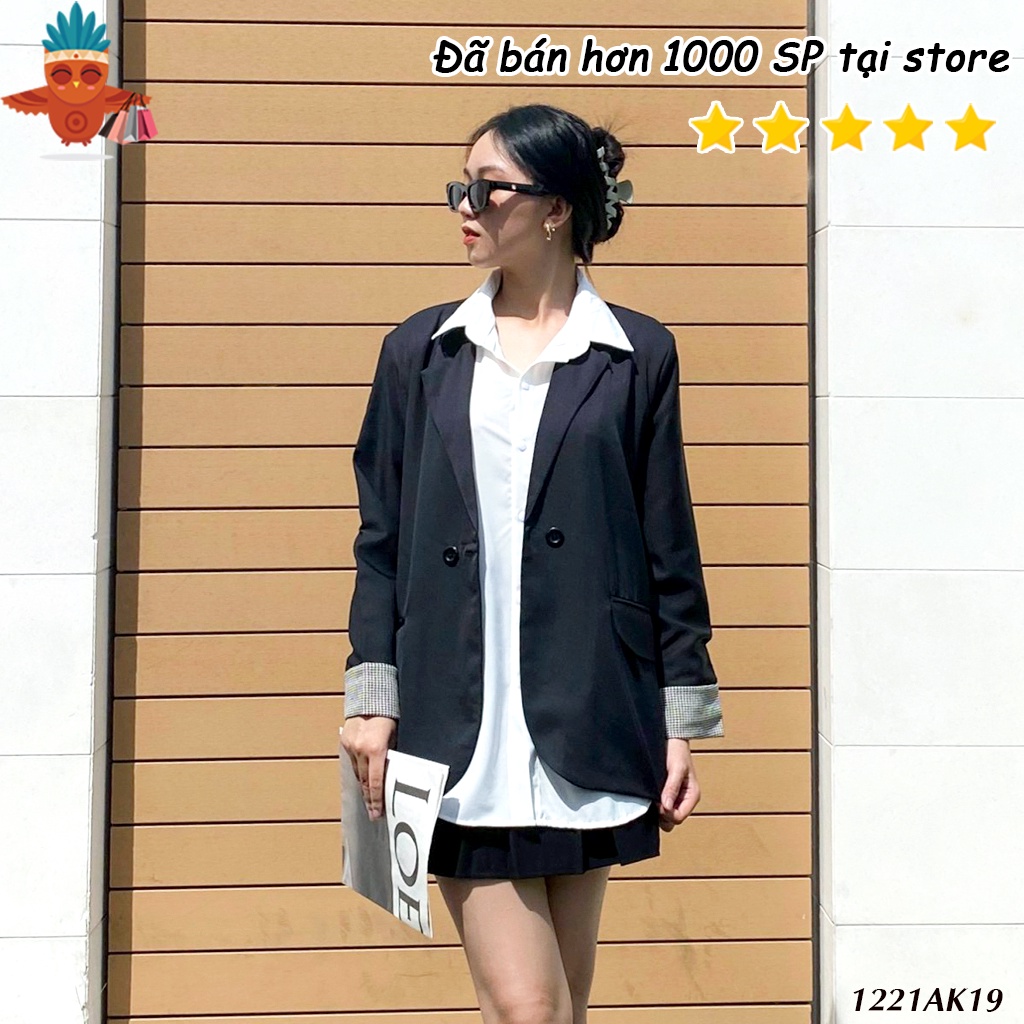 Áo blazer khoác vest 2 lớp dày dặn trơn kiểu tay áo caro THOCA HOUSE đen, nude thanh lịch