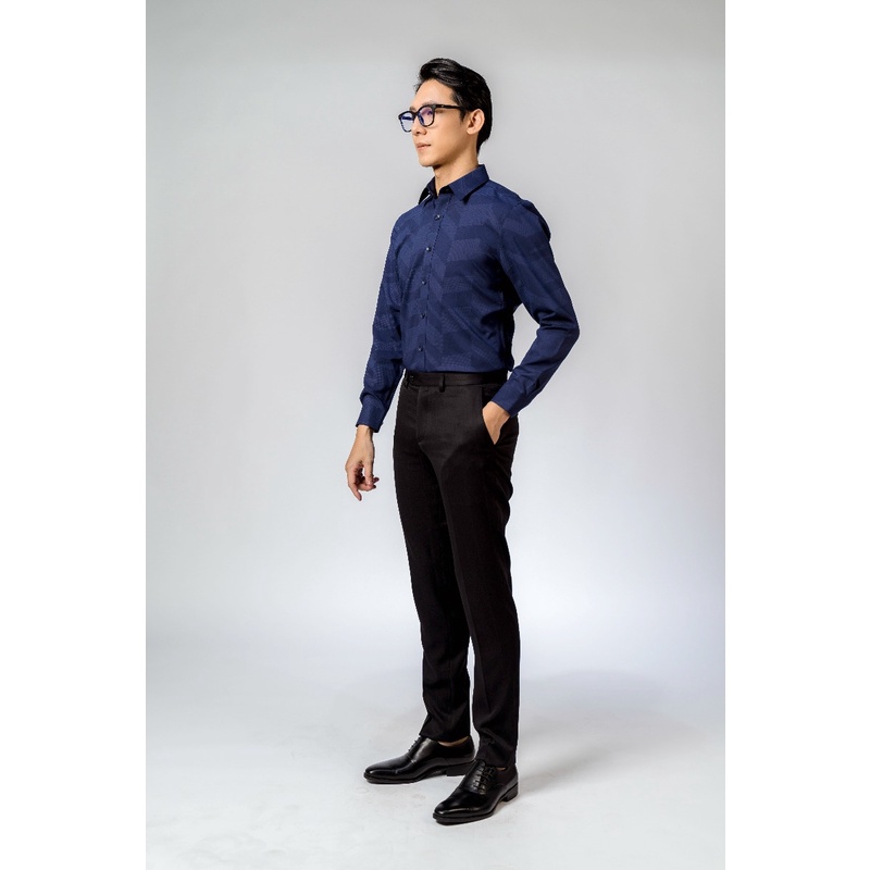 Áo sơ mi nam dài tay OWEN AS23373D somi công sở vải sợi tre cao cấp màu xanh cô ban đậm dáng ôm tà lượn không túi