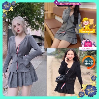 Set bộ váy áo len Thom sọc chân váy xếp li ngắn đồ bộ len tăm nữ thu đông