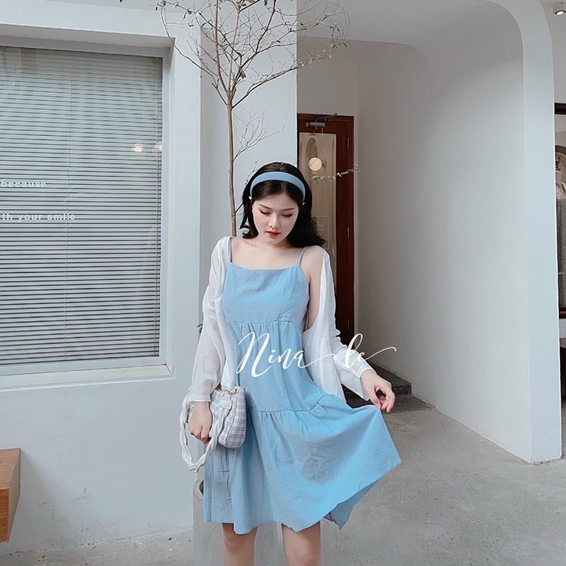 Set váy 2 dây hoa xanh kèm áo khoác mỏng cho mùa hè | BigBuy360 - bigbuy360.vn