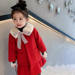 Áo  dạ ĐỎ CỔ LÔNG BUỘC NƠ