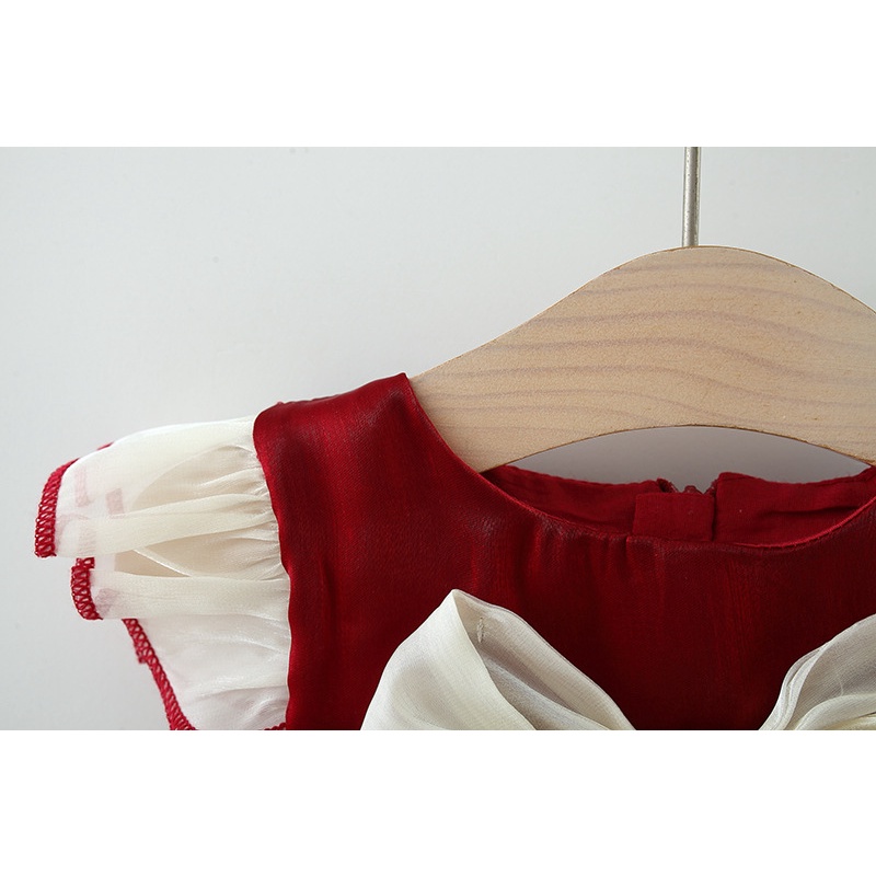 Đầm Công Chúa Vải Voan Cổ Tròn Đính Nơ Màu Đỏ Cho Bé Gái