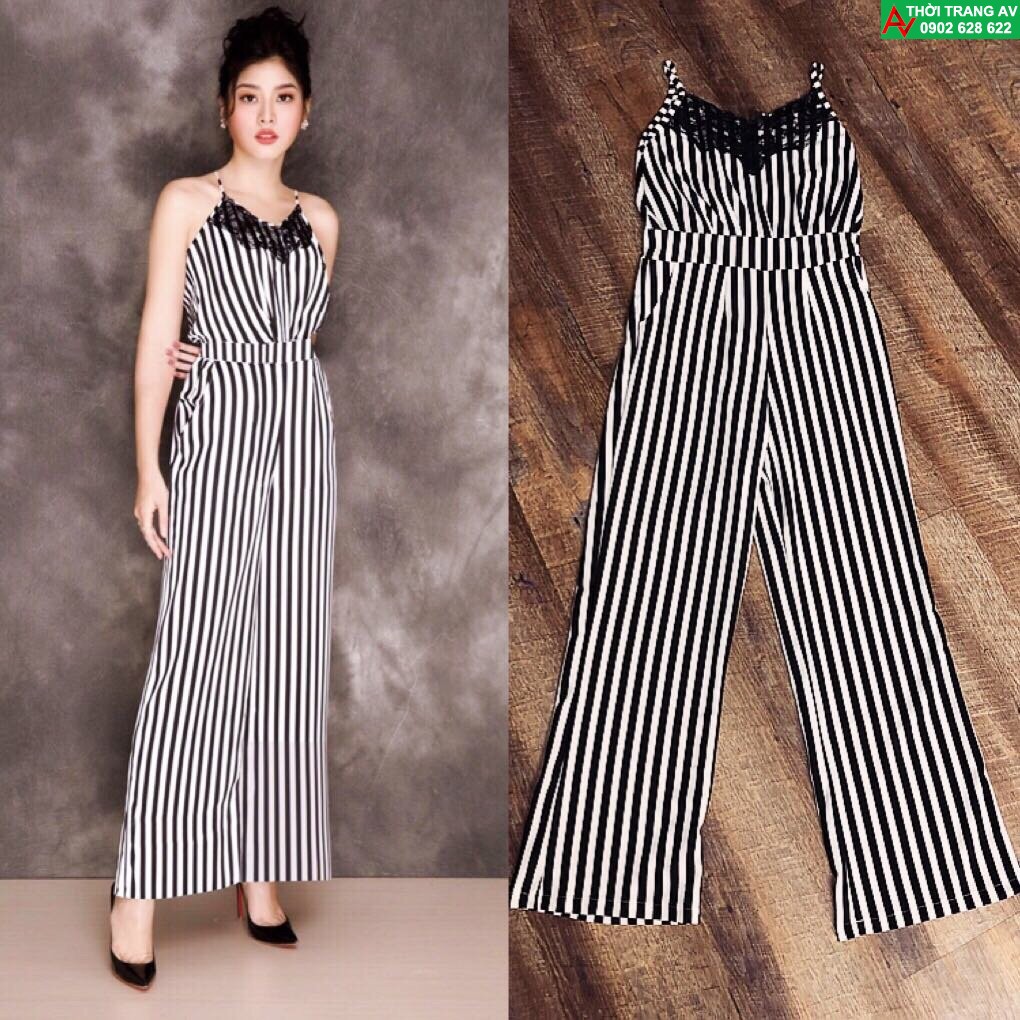 Jumpsuit - Đồ bay dài ống suông rộng 2 dây phối ren trước ngực - AV6235