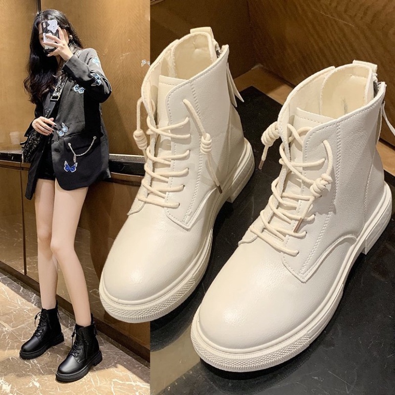 Giày bốt màu trơn đen kem đơn giản cho nữ, Giày bốt nữ ulzzang cao cổ khóa sau chất liệu da cao cấp