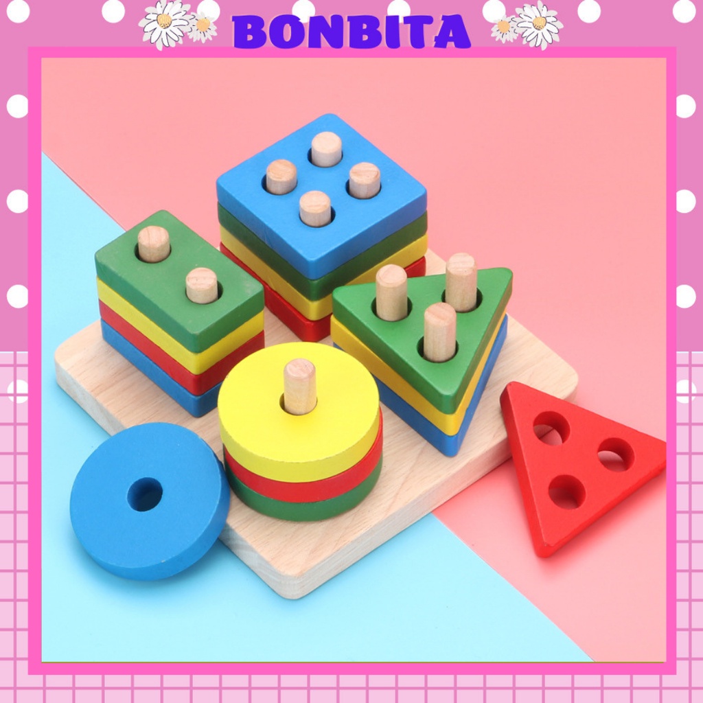 Đồ chơi gỗ montessori 4 cọc hình khối cho bé phân biệt màu sắc, rèn luyện vận động, phối hợp của tay và mắt