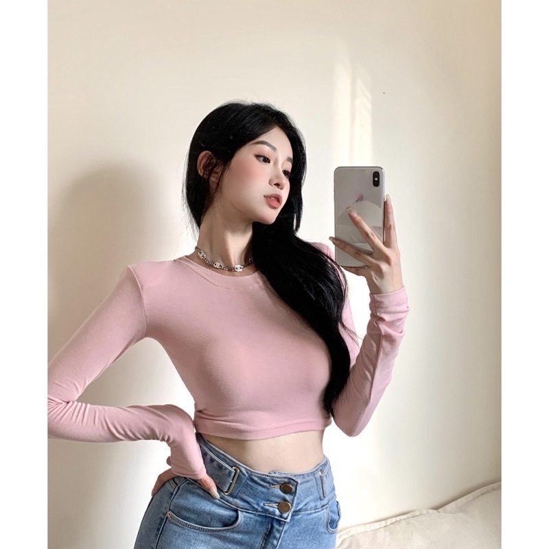 (Chuyên sỉ) Áo croptop tay dài cổ tròn from ôm dưới 53kg chất thun mát có dãn (ảnh thật ) H.N.M STORE
