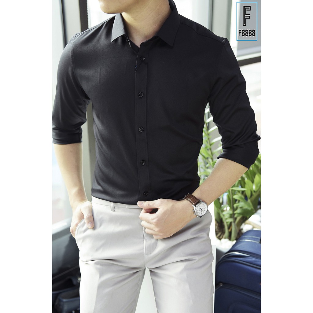 Áo sơ mi dài tay áo kiểu đẹp công sở nam hàn quốc F8888 Màu Đen Cổ Cứng