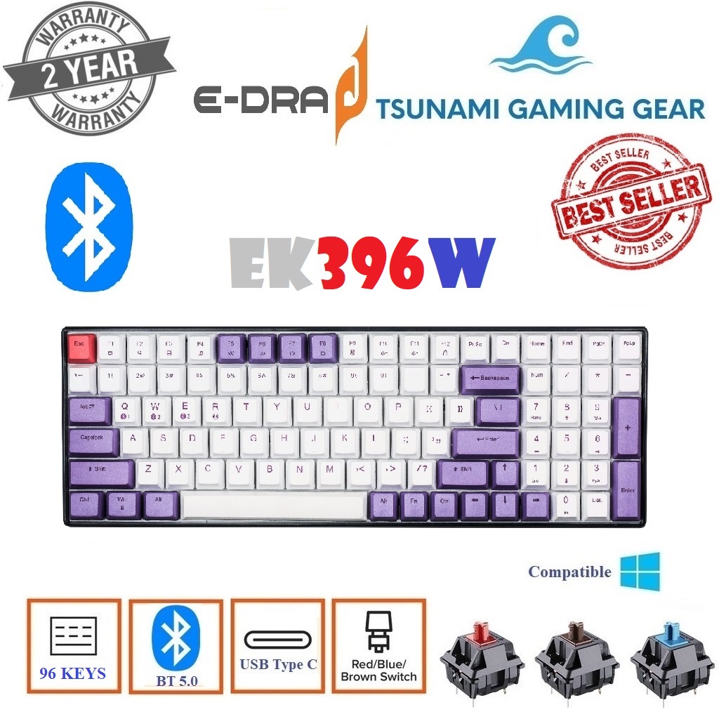 Phím cơ không dây Bluetooth E-DRA EK396W Gateron Switch/ USB Type C/ PBT dyesub keycap chính hãng