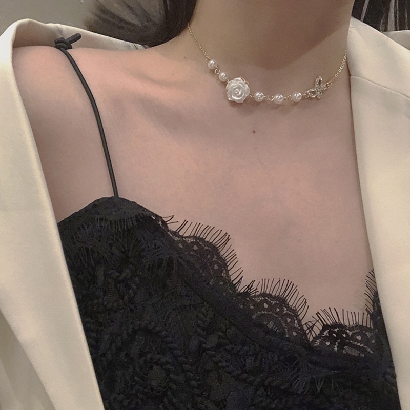 Vòng cổ Ahellogirl hình hoa hồng đính ngọc trai phong cách cổ điển thời trang cho nữ