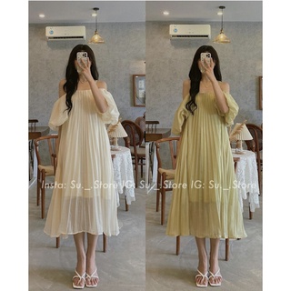 Váy maxi trễ vai dập ly 2 lớp, váy hai dây