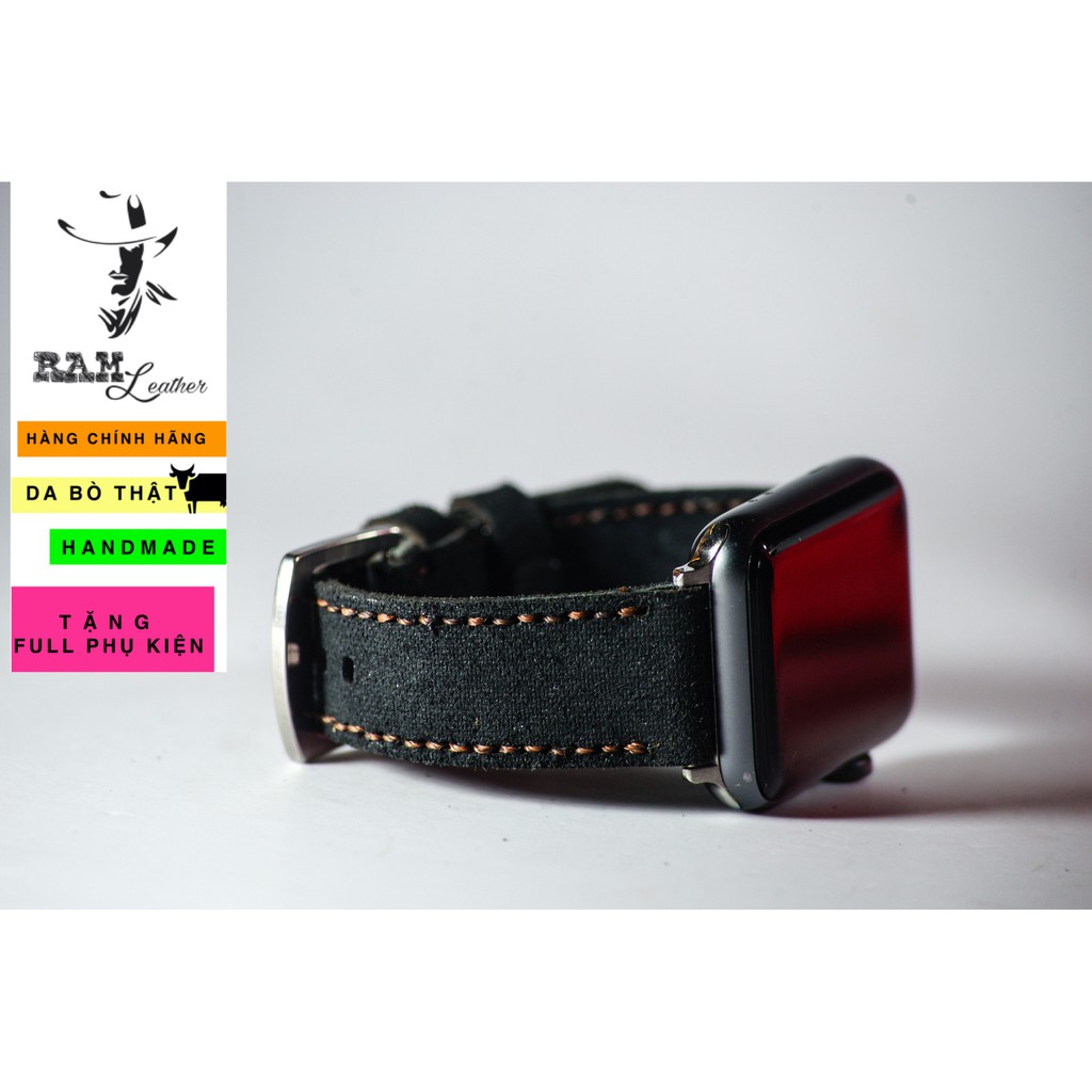 Dây đồng hồ Apple Watch , Iwatch , Iphone Watch Da Bò Thật Đen Tuyền RAM Leather Classic 1966  Bền Đẹp