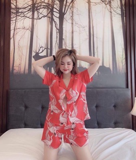 [XẢ KHO] BỘ LỤA PIZAMA SOOC HOẠ TIẾT CHIM HẠC
