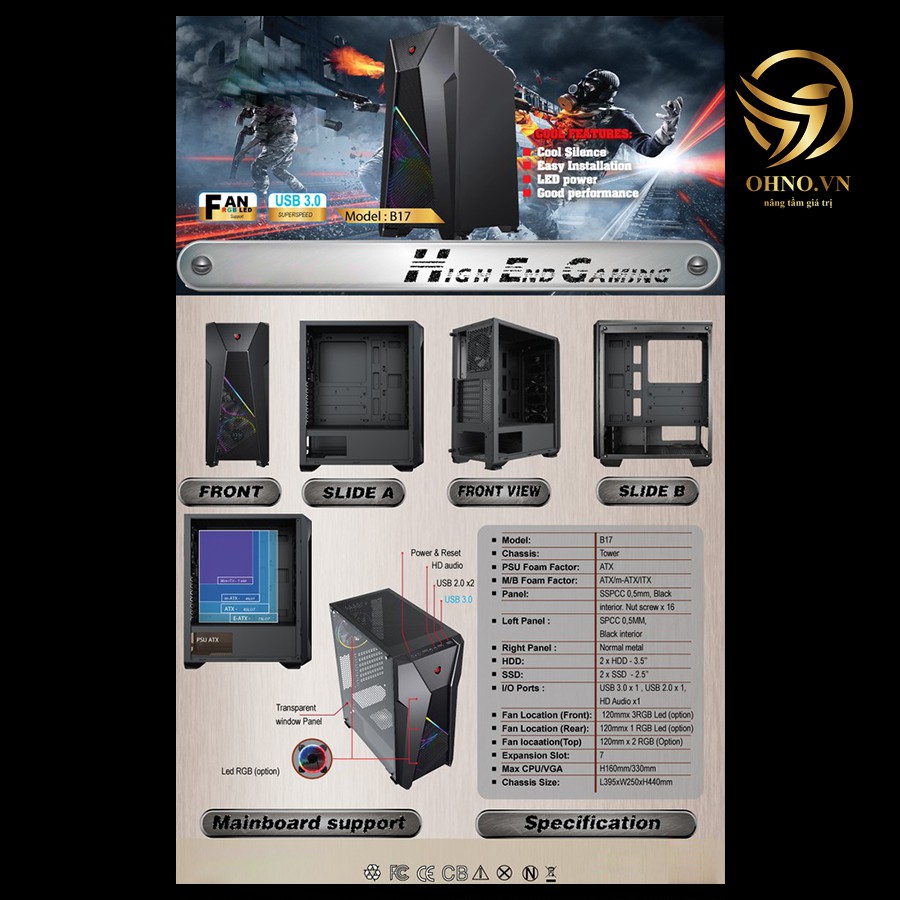 Case Máy Tính PC Gaming VSP B17 Thùng Vỏ Máy Tính Case Gaming Mặt Kính Cường Lực Trong Suốt
