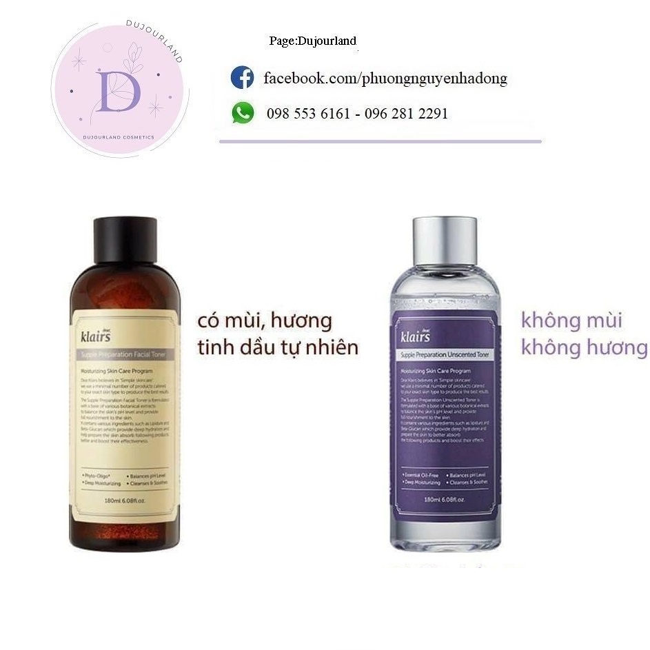 Nước hoa hồng Klairs Supple Preparation Unscented Toner 180ml (không mùi có mùi)