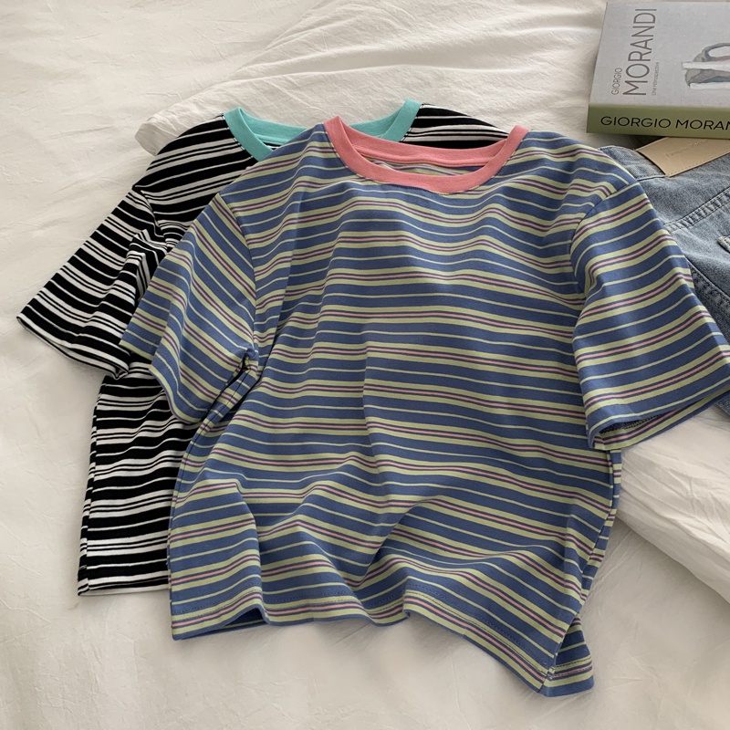 SUXI Áo Thun Ngắn Tay Cổ Tròn Họa Tiết Kẻ Sọc Đơn Giản Thời Trang Mùa Hè Dành Cho Nữ