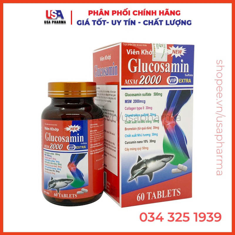 Viên khớp Glucosamin MSM 2000 giảm đau nhức mỏi xương khớp - Chai đỏ 60 viên