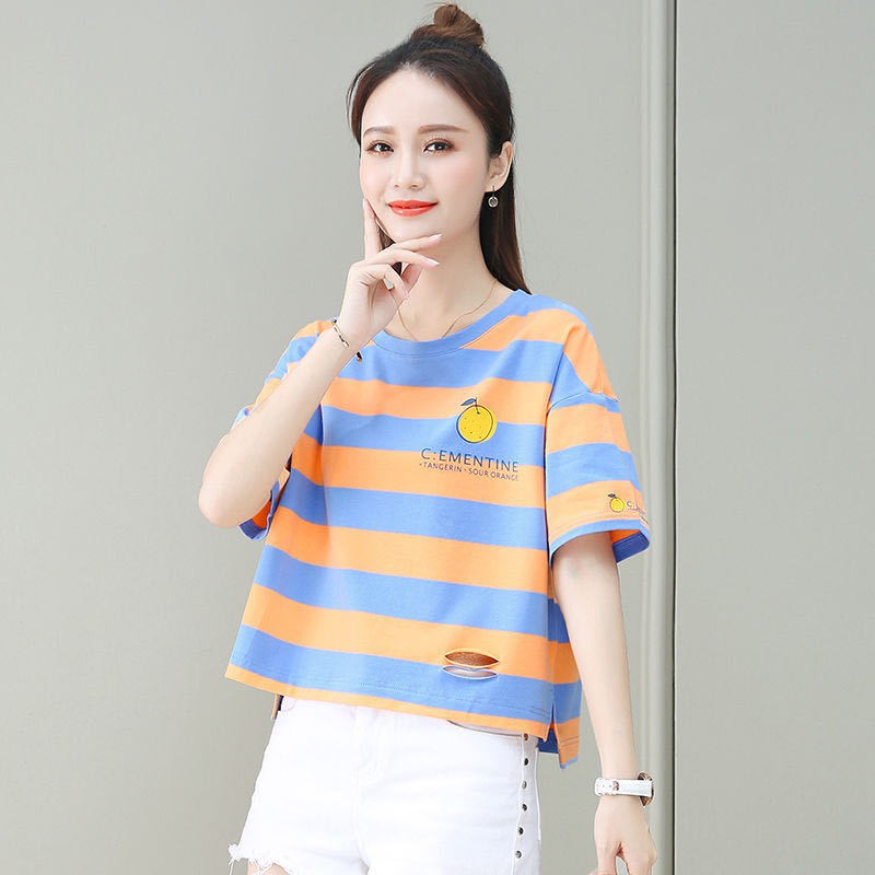 Áo Thun Tay Ngắn Dáng Rộng Vải Cotton Kẻ Sọc Thiết Kế Rách Thời Trang Cá Tính Cho Nữ