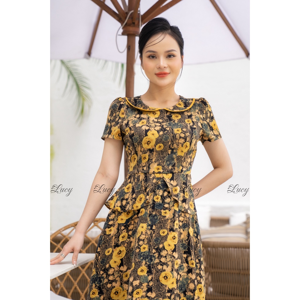 Đầm xoè Enola 6090 lụa hoa cổ bẻ tay ngắn lá sen tay ngắn giá tốt váy Lucy