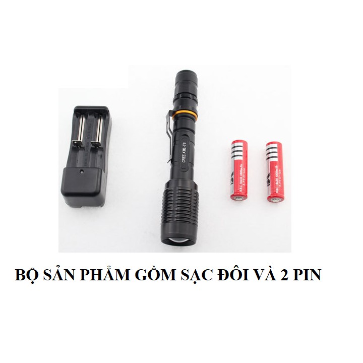 Đèn pin cầm tay XML-T6 bằng hợp kim nhôm sử dụng pin sạc (tặng kèm 2 pin 18650 3.7v 4800mah và sạc đôi)