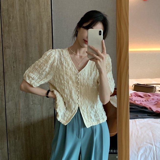 Áo sơ mi Xiaozhainv tay ngắn cổ chữ V dáng rộng phong cách Hàn Quốc thời trang cho nữ